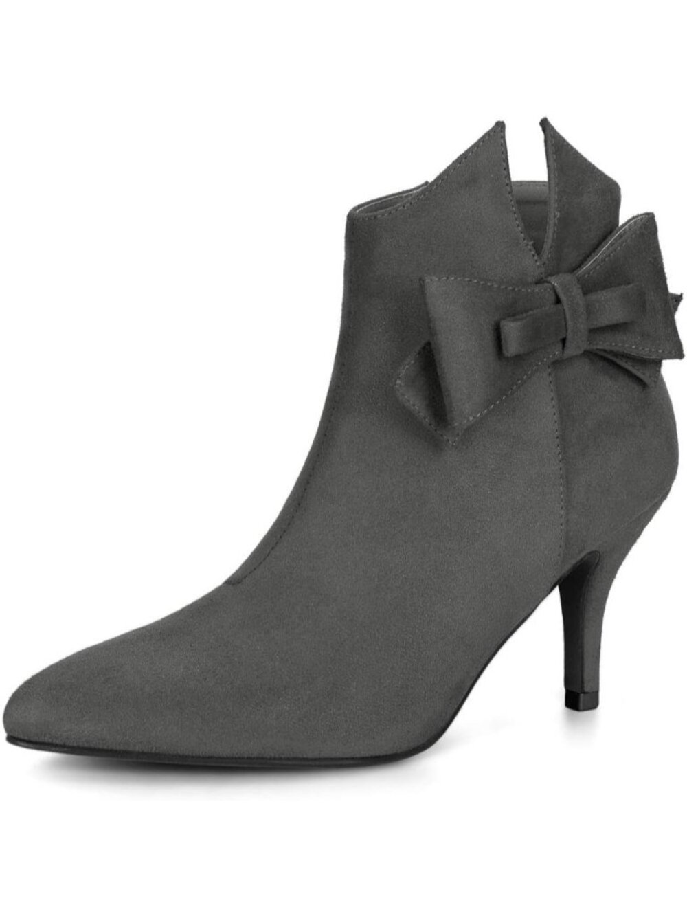 Women's Grey 3-inch Heel Point Toe Bow Stiletto Heel Ankle Boots Side Zipper